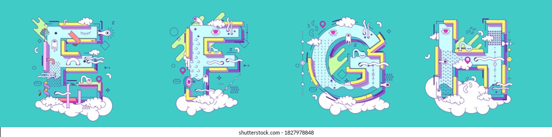 Letters E,F,G,H, illustration in doodle style. Vector illustration