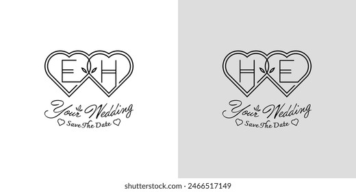 Letters EH and HE Wedding Love Logo, for couples with E and H initials