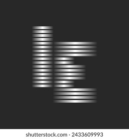 Letters IE or EI initials logo design featuring silver thin parallel horizontal lines, a combination of two letters T and I monogram striped logotype, linear typography mark with metallic gradient.