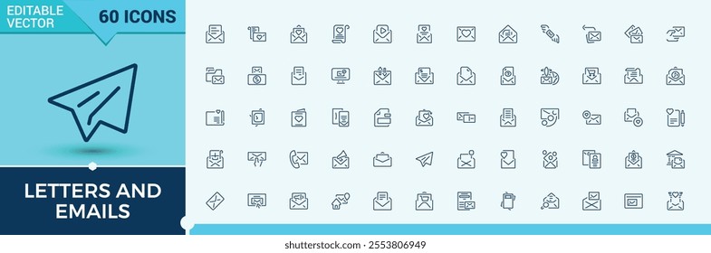 Letters  Emails icon pack. Includes thin line spam, secure, image, computer, delivery, sign and more. Outline icon collections. Vector illustration in modern line style.