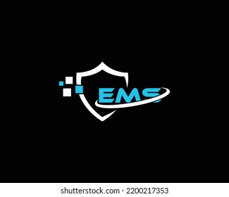 Letras Logotipo EMS Con Diseño Creativo Estilo Escudo. Icono De Empresa, Empresa De Ti, Símbolo De Protección Y Tecnología.