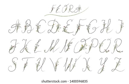 Letters of the English alphabet with bouquets of field herbs and flowers.
