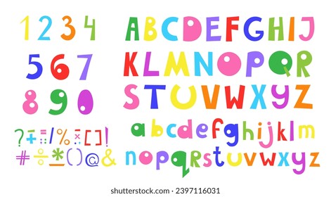 Letters of English alphabet capital and small, numbers, punctuation marks of different bright colors, cartoon style hand drawn abc set vector illustration, cute funny decorative lettering