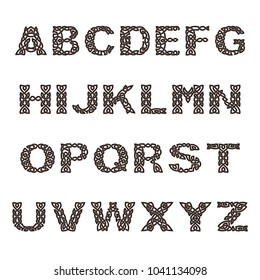 Letters of English alphabet with Celtic national ornament as interlaced ribbon isolated on a white background.