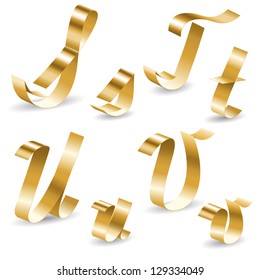 Letters of English alphabet from gold ribbon. S, T, U, V