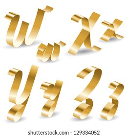 Letters of English alphabet from gold ribbon. W, X, Y, Z