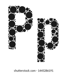 Letters of the English alphabet lined with black mosaics of circles