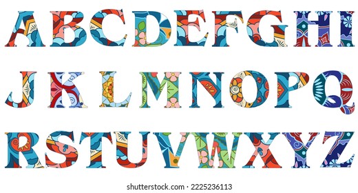 Letters of the English alphabet with a mandala pattern. Colorful decorative elements for design