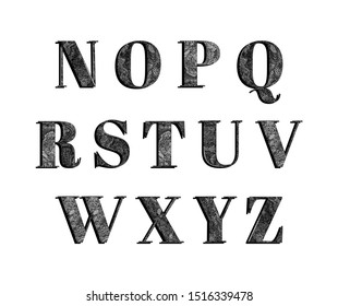 The letters of the English alphabet. Manually drawn capital letters from N to Z are textured with an ornament of curves, lines, dots, plant elements. Vector black and white isolated illustration.
