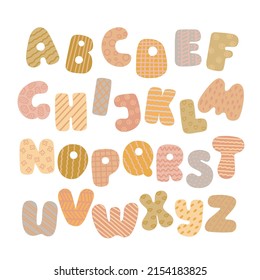 Letters of English alphabet from A to Z, doodle style decorated with simple abstract pattern vector illustration, cute funny decorative handwriting abc, handwritten font letters, lettering