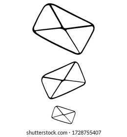 Cartas en un sobre. Correo electrónico. Ilustración vectorial. Contorno sobre un fondo blanco aislado. Estilo Doodle. Esbozo. Enviar un mensaje al destinatario. Distribución de mensajes. 