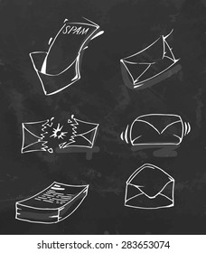 Letters and envelopes. Hand draw on chalkboard. Vector illustration.