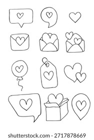 Cartas, sobres, mensajes, cajas, etiquetas con corazones. Mensajes de San Valentín. Conjunto de tarjetas de San Valentín. Ilustración vectorial.