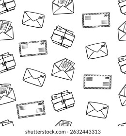 Letters and envelopes seamless pattern. Post background, open envelope with letter. Closed envelopes outline sketch. Hand drawn doodle letters. Retro post office backdrop. Vector illustration