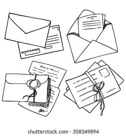 Letters and envelopes, a set of contour images for design and illustrations.