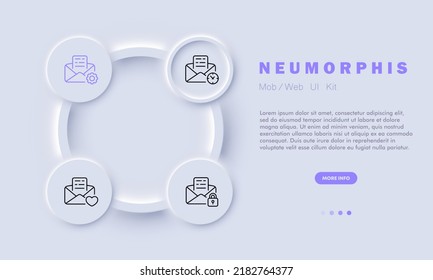 Letters in envelopes set icon. Website buttons, emails management, gear, clock, heart, lock, private, settings. Communication concept. Neomorphism style. Vector line icon for Business and Advertising.