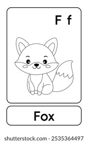 Letra F é para Fox. Páginas de coloração Fox. Animal Flashcard printable aprender letras Alfabeto abc Inglês para crianças educação e atividade de jogo. Planilhas de jardim de infância e pré-escola imprimíveis para crianças.