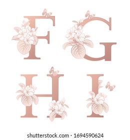 Letters F G H I, flowers flowering sakura branches, butterfly isolated. Vector decoration. White, gold foil print. Vintage illustration. Floral pattern for greetings, wedding invitations, text design.