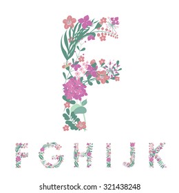 Letters F,G,H,I,J,K of the alphabet. Editable Vector hand-drawn monogram composed of flowers, branches and leaves on a white background.