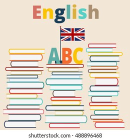 The letters and the flag concept vector illustration in flat style. A stack of books to read.