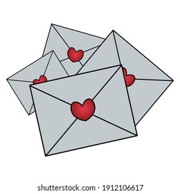 Letters. A flock of love letters with a heart-shaped seal. Vector illustration. Messages on an isolated background. A message for your loved ones in an envelope. Delivery of postcards. 
