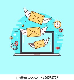 Letters flying out from laptop. Concept for e-mail marketing, business correspondence, communication by exchanging letters. Line flat design colorful vector illustration