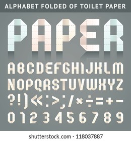 Letters folded of perforated toilet paper - Roman alphabet (A, B, C, D, E, F, G, H, I, J, K, L, M, N, O, P, Q, R, S, T, U, V, W, X, Y, Z) and Arabic numerals (0, 1, 2, 3, 4, 5, 6, 7, 8, 9).