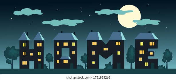 Letters in the form of houses. Night landscape. Vector cartoon illustration.