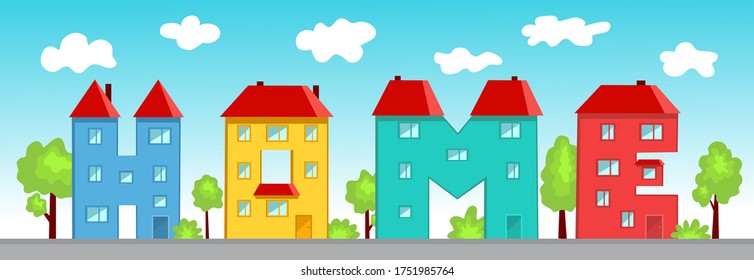Letters in the form of houses. Springs landscape. Vector cartoon illustration.