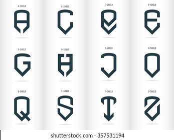 Letters in the form of shields. Logos set. Vector