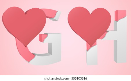 Letters G and H color pink inside the white broken Letters with a big red heart.