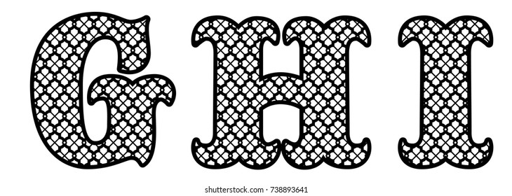 Letters G, H, I for laser cutting. Initial monogram letters. Alphabet characters. Decor font for paper or die cut. Vector lettering for invitation, baby shower, birthday card, scrapbooking, wedding