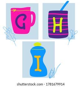 Letters g, h, i on cups in cartoon quirky style. Hand drawn Alphabet cards for education, design elements, banners, coffee shop, food court. Kids abc isolated vector illustration
