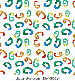 Letters G - seamless pattern. Randomly G letters of green, blue, yellow, red, orange shades. G is the seventh letter of the basic Latin alphabet.