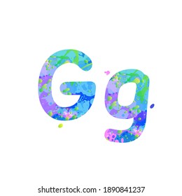 Letters G uppercase and lowercase with effect of liquid spots of paint in blue, green, pink colors, isolated on white background. Decoration element for design of a flyer, poster, cover, title. Vector