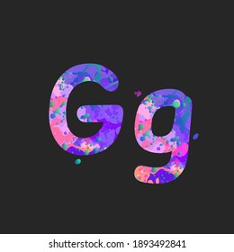Letters G uppercase and lowercase with effect of liquid spots of paint in blue, purple, pink colors, isolated on dark grey. Decoration element for design of a flyer, poster, cover, title. Vector