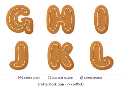 Letters of gingerbread isolated on white. Traditional Christmas cookies. Editable vector font elements.