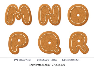 Letters of gingerbread isolated on white.Traditional Christmas cookies. Editable vector font elements.