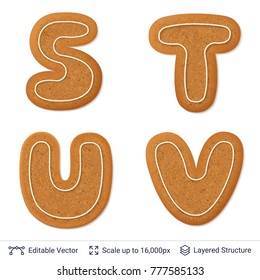 Letters of gingerbread isolated on white.Traditional Christmas cookies. Editable vector font elements.
