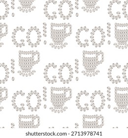 Cartas Ir com ponto de exclamação e Xícara com pires Feito de contorno de grãos de café Padrão sem costura. Ilustração isolada em vetor de café Saudação temática ou cartões de motivação mídia Post Banner, folheto