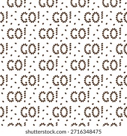 Las letras van con signo de exclamación hecho de granos de café sin patrón de diseño plano mínimo de fondo. Tarjetas temáticas de felicitación del día del café Antecedentes Publicación en redes sociales o Anuncio promocional, folleto, etiqueta, etiqueta