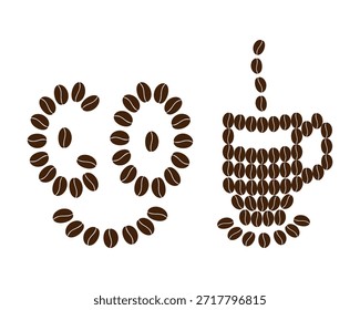 Letters GO made of Coffee beans like cute smiley face and coffee Cup with steam of coffee grains Set. Isolated Vector illustration Sticker Icon logo Motivation cards or Coffee Day Greeting design idea