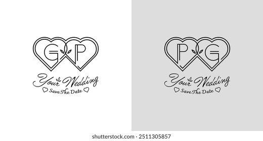 Buchstaben GP und PG Hochzeit Love Logo, für Paare mit P und G Initialen