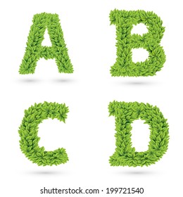 Letters of green leaves collection. Decorative symbols isolated on white. Eps 10 vector illustration.