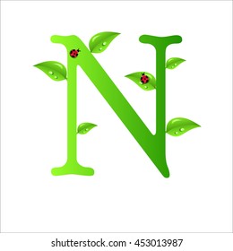 Letters of green leaves and water drops, original design font.