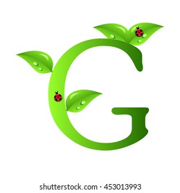 Letters of green leaves and water drops, original design font.