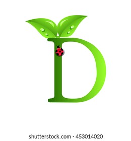 Letters of green leaves and water drops, original design font.