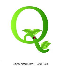 Letters of green leaves and water drops, original design font.