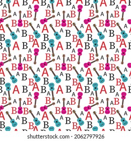 Letters and Guitar Seamless Pattern Design. Vector Illustration.