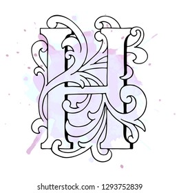 Letters H Drop Caps. Vector hand-drawing letter. Fabulous ornament with a bird. Black outline. Transparent background.
